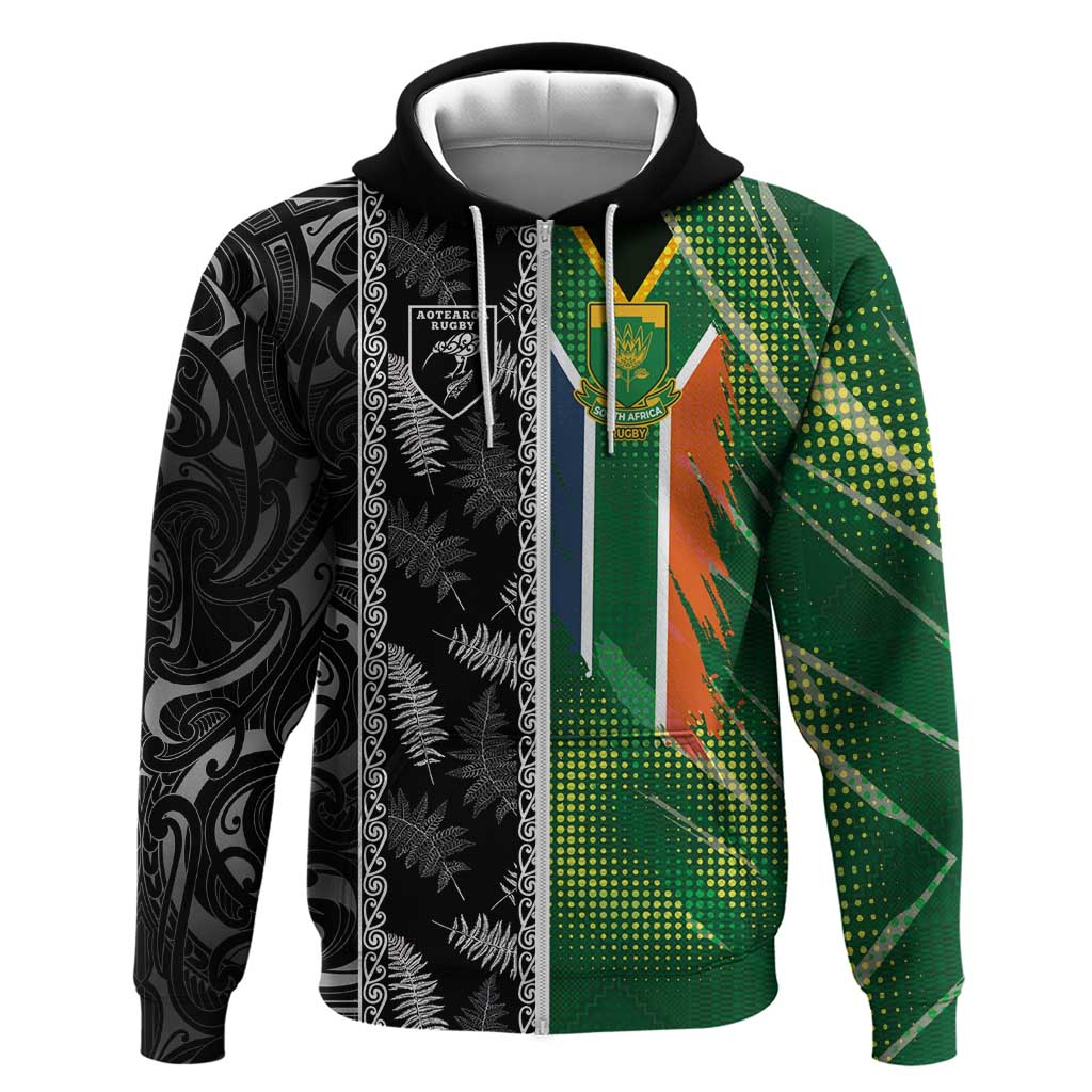 Custom Aotearoa South Africa Rugby Freedom Cup Zip Hoodie Maori Silver Fern Art and Sporty Flag SA LT03 Zip Hoodie Black - Polynesian Pride