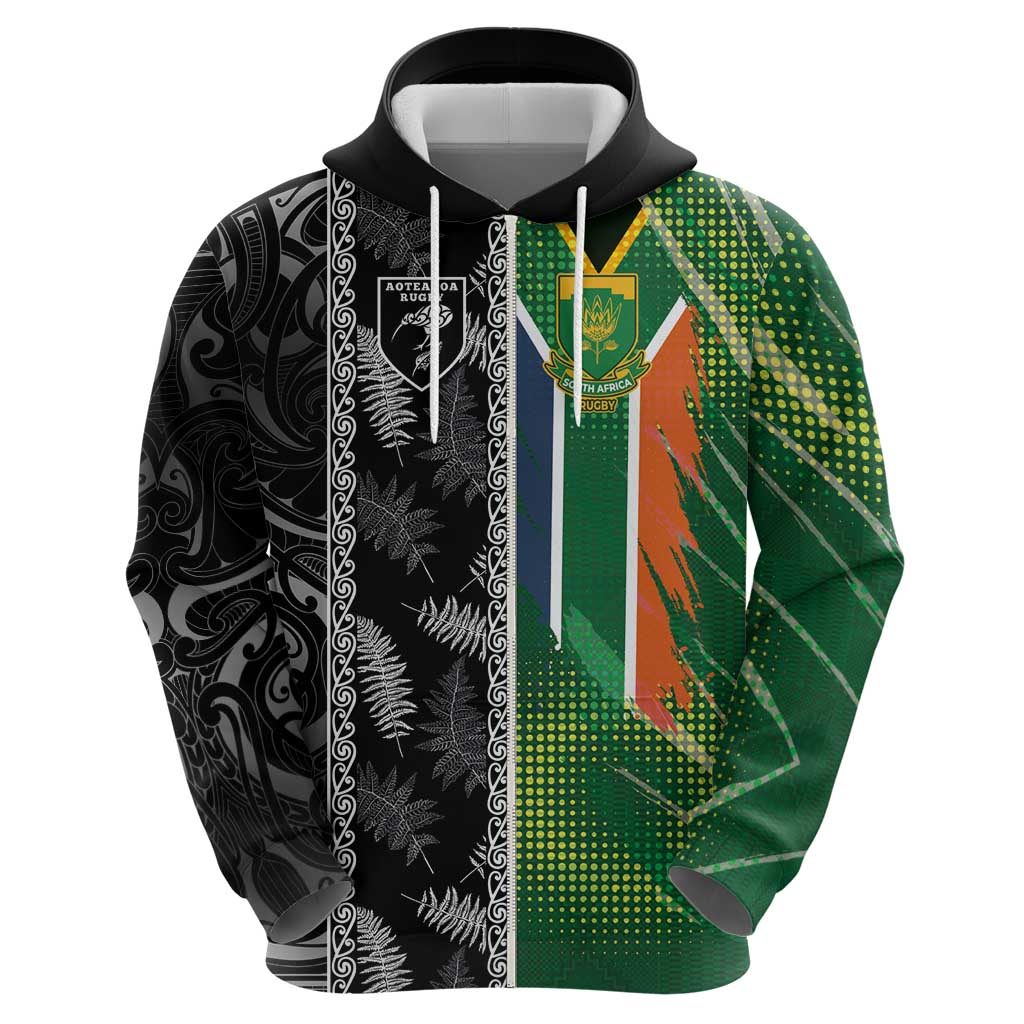 Custom Aotearoa South Africa Rugby Freedom Cup Zip Hoodie Maori Silver Fern Art and Sporty Flag SA LT03 - Polynesian Pride