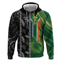 Custom Aotearoa South Africa Rugby Freedom Cup Zip Hoodie Maori Silver Fern Art and Sporty Flag SA LT03 Pullover Hoodie Black - Polynesian Pride