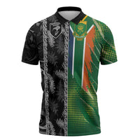 Custom Aotearoa South Africa Rugby Freedom Cup Zipper Polo Shirt Maori Silver Fern Art and Sporty Flag SA LT03 Black - Polynesian Pride