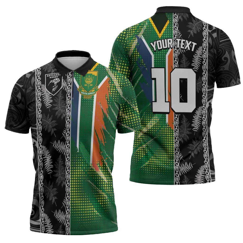 Custom Aotearoa South Africa Rugby Freedom Cup Zipper Polo Shirt Maori Silver Fern Art and Sporty Flag SA LT03 - Polynesian Pride