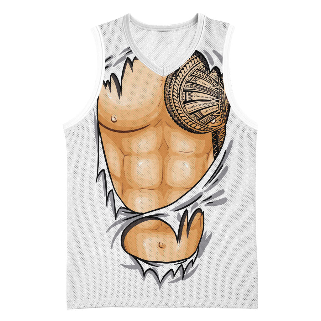 Samoan Tatau Basketball Jersey Tattoo Reveal Effect LT03 Unisex White - Polynesian Pride