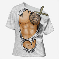 Samoan Tatau Cross Shoulder Shirt Tattoo Reveal Effect LT03 Female White - Polynesian Pride