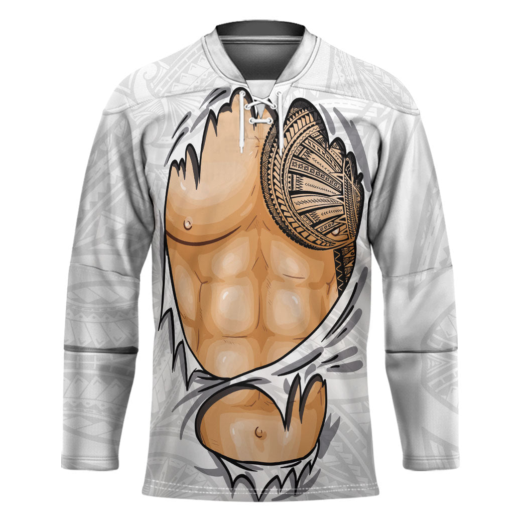 Samoan Tatau Hockey Jersey Tattoo Reveal Effect LT03 Unisex White - Polynesian Pride