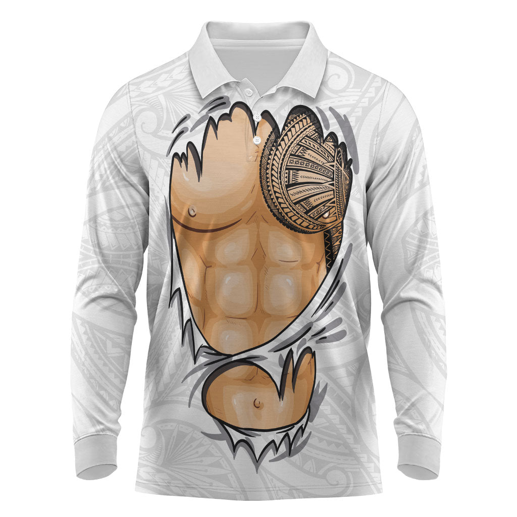 Samoan Tatau Long Sleeve Polo Shirt Tattoo Reveal Effect LT03 White - Polynesian Pride