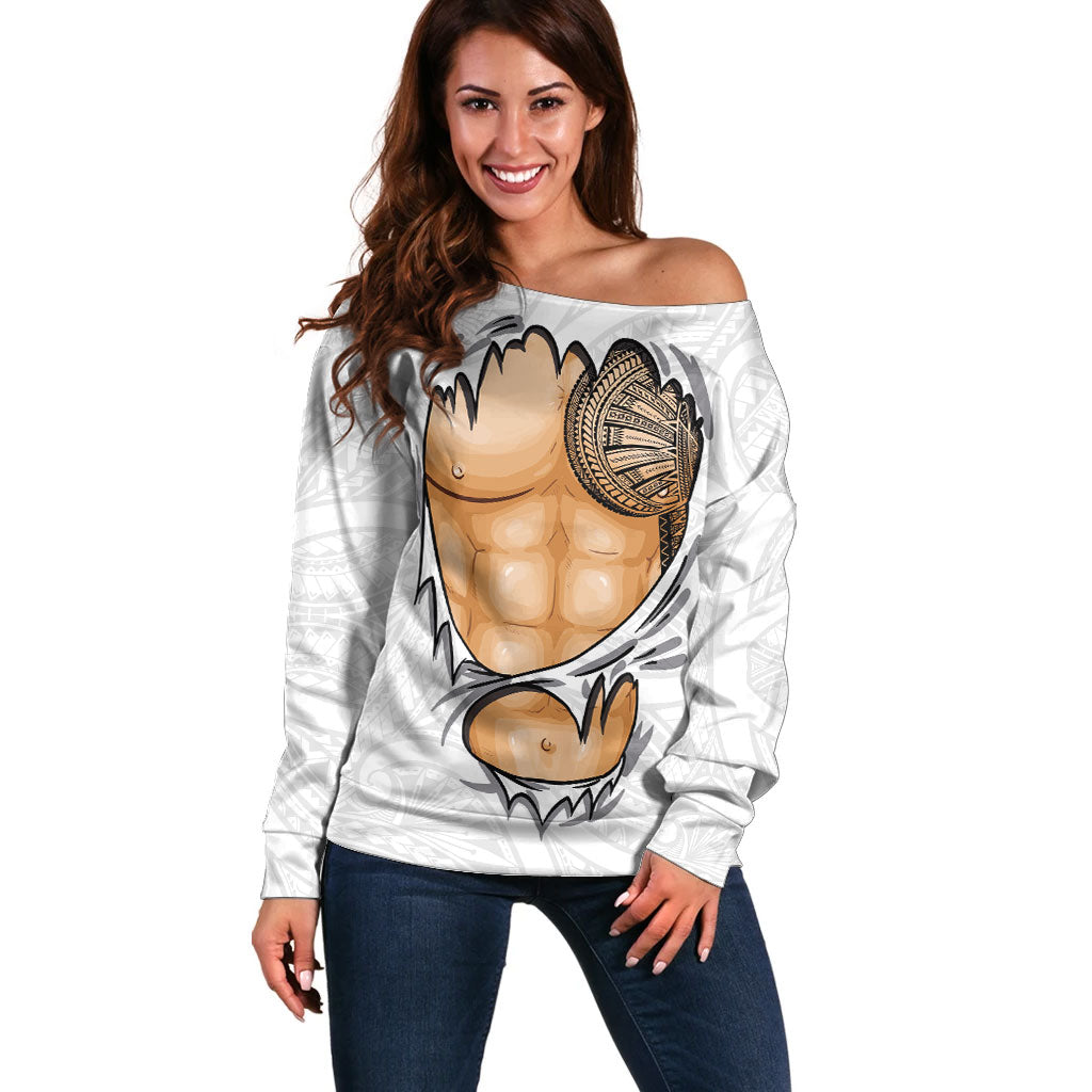 Samoan Tatau Off Shoulder Sweater Tattoo Reveal Effect LT03 Women White - Polynesian Pride