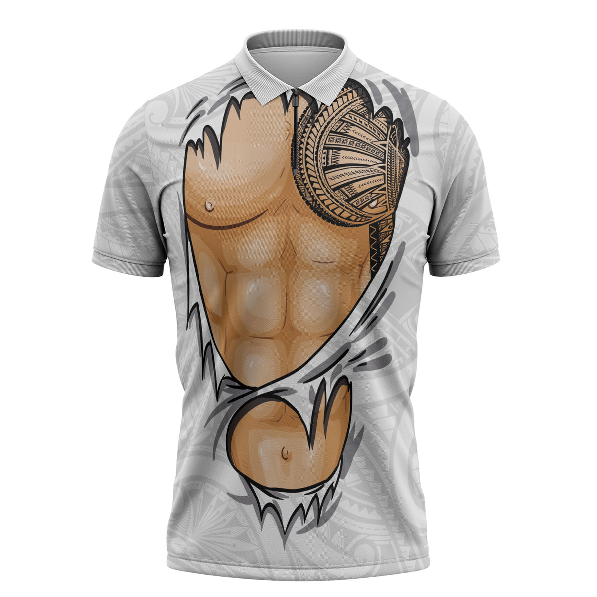 Samoan Tatau Zipper Polo Shirt Tattoo Reveal Effect LT03 White - Polynesian Pride