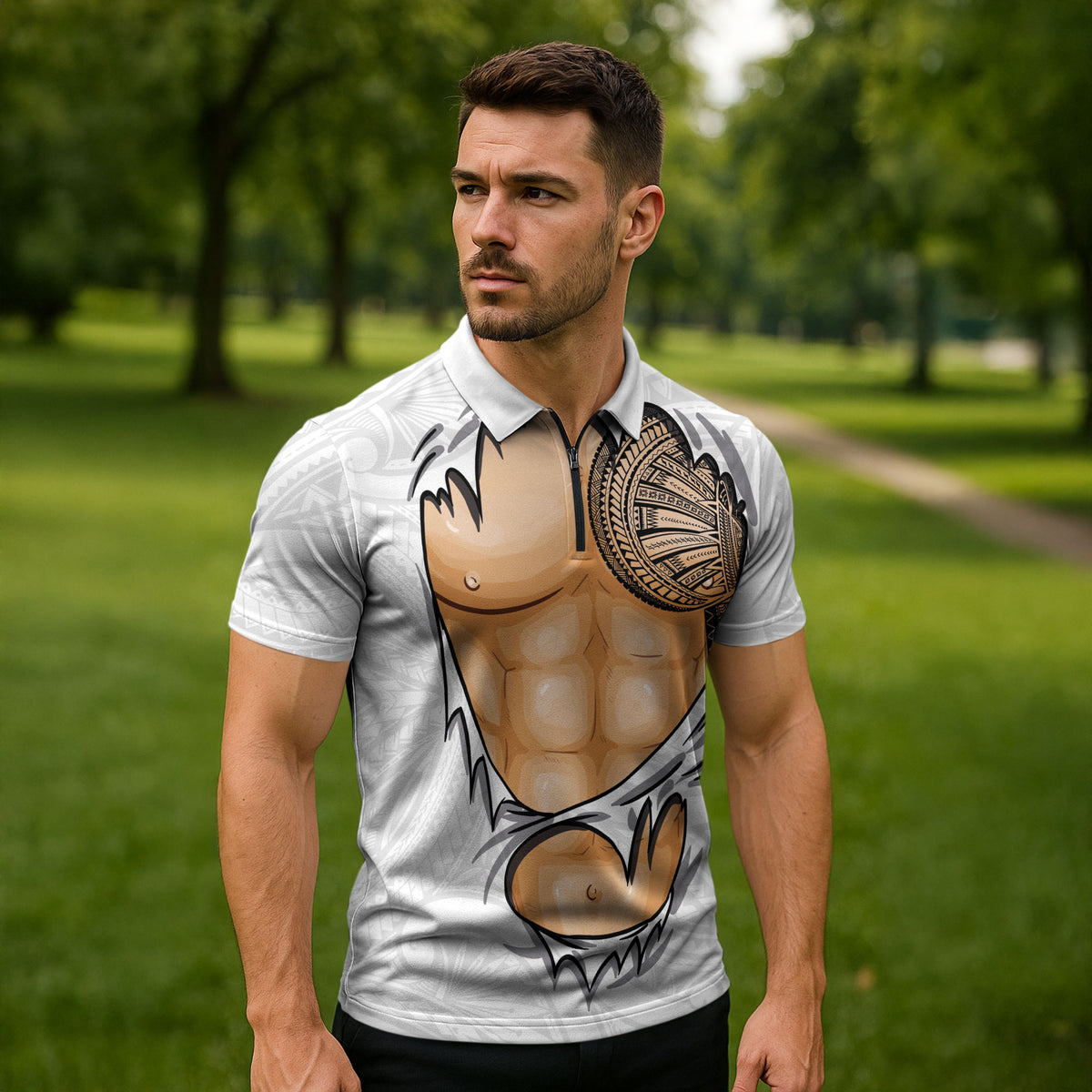 Samoan Tatau Zipper Polo Shirt Tattoo Reveal Effect LT03 - Polynesian Pride