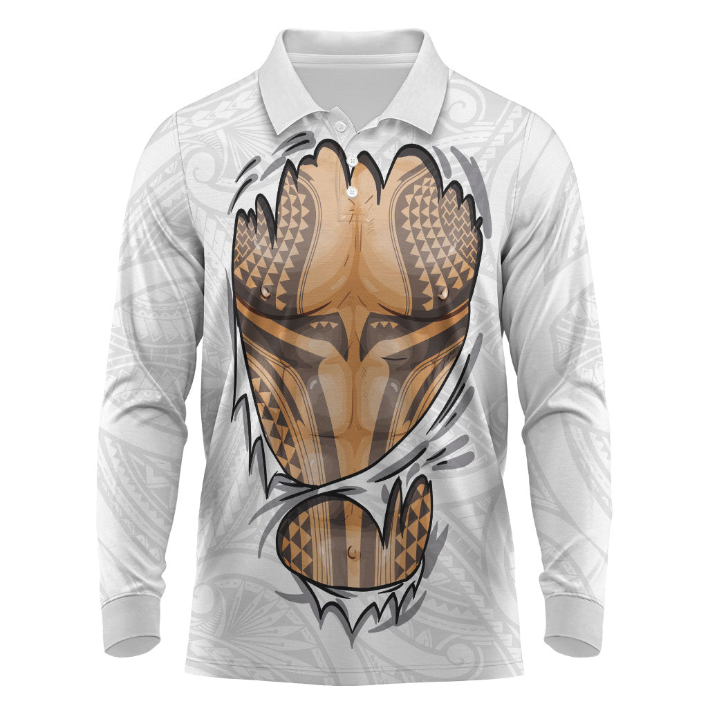 Hawaiian Kakau Long Sleeve Polo Shirt Aquaman Tattoo Reveal Effect LT03 White - Polynesian Pride