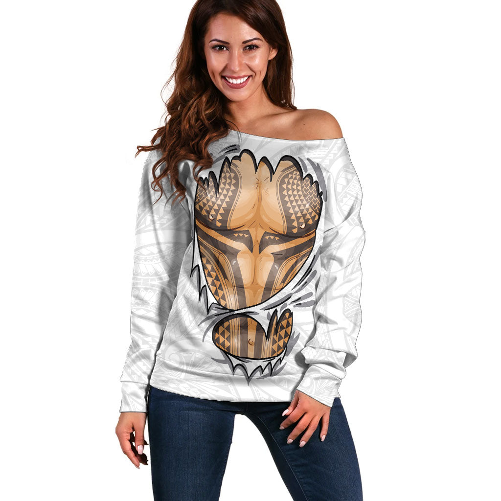 Hawaiian Kakau Off Shoulder Sweater Aquaman Tattoo Reveal Effect LT03 Women White - Polynesian Pride