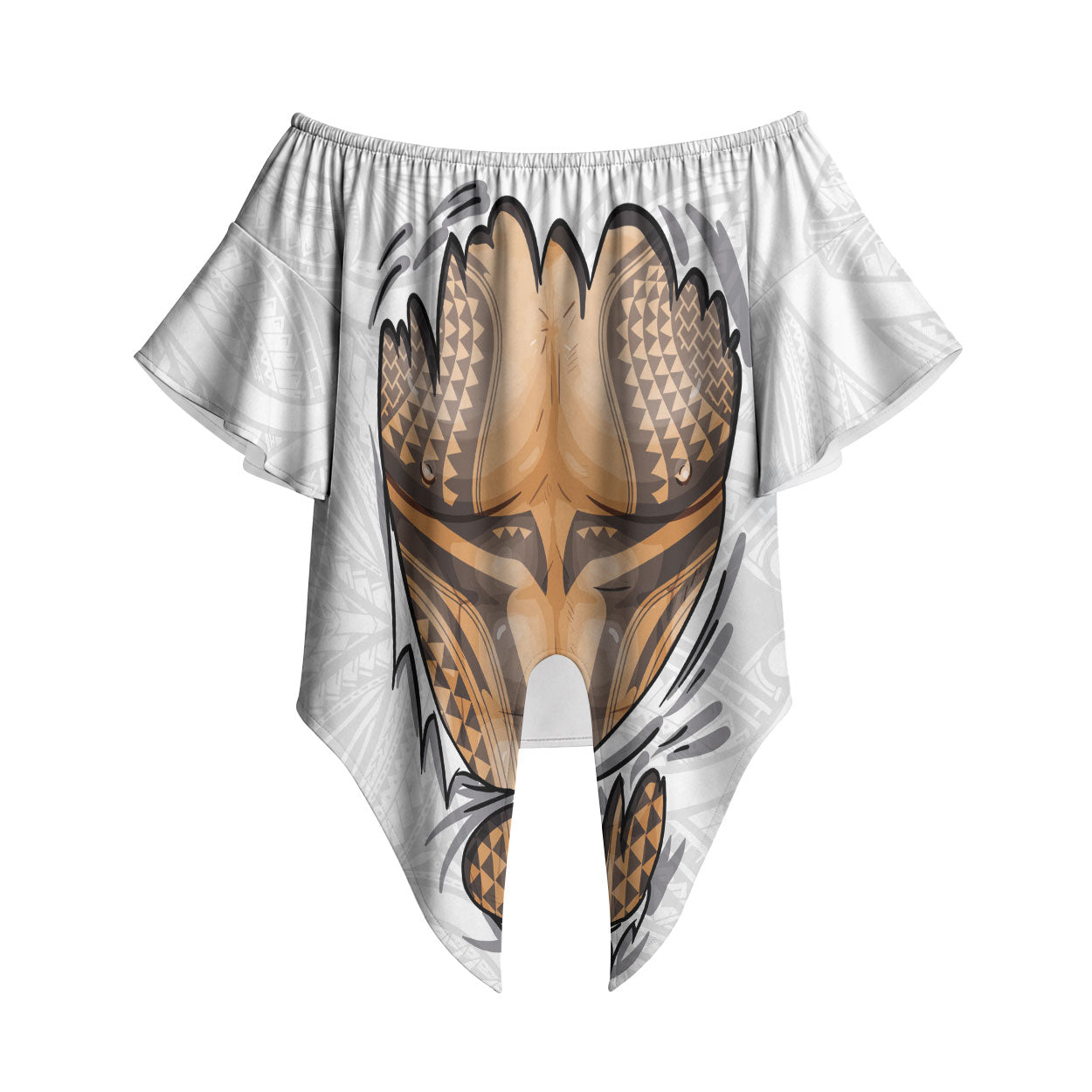 Hawaiian Kakau Off Shoulder Wrap Waist Top Aquaman Tattoo Reveal Effect LT03 White - Polynesian Pride