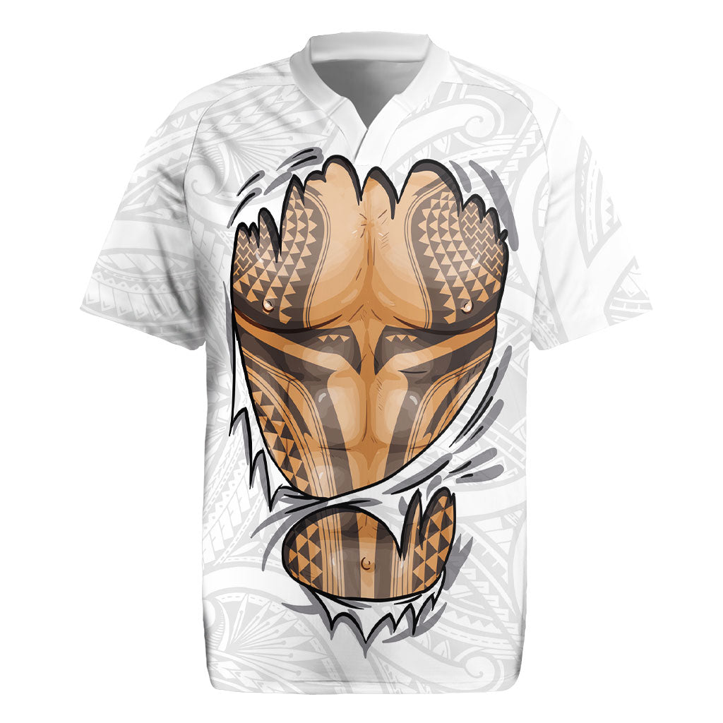 Hawaiian Kakau Rugby Jersey Aquaman Tattoo Reveal Effect LT03 White - Polynesian Pride