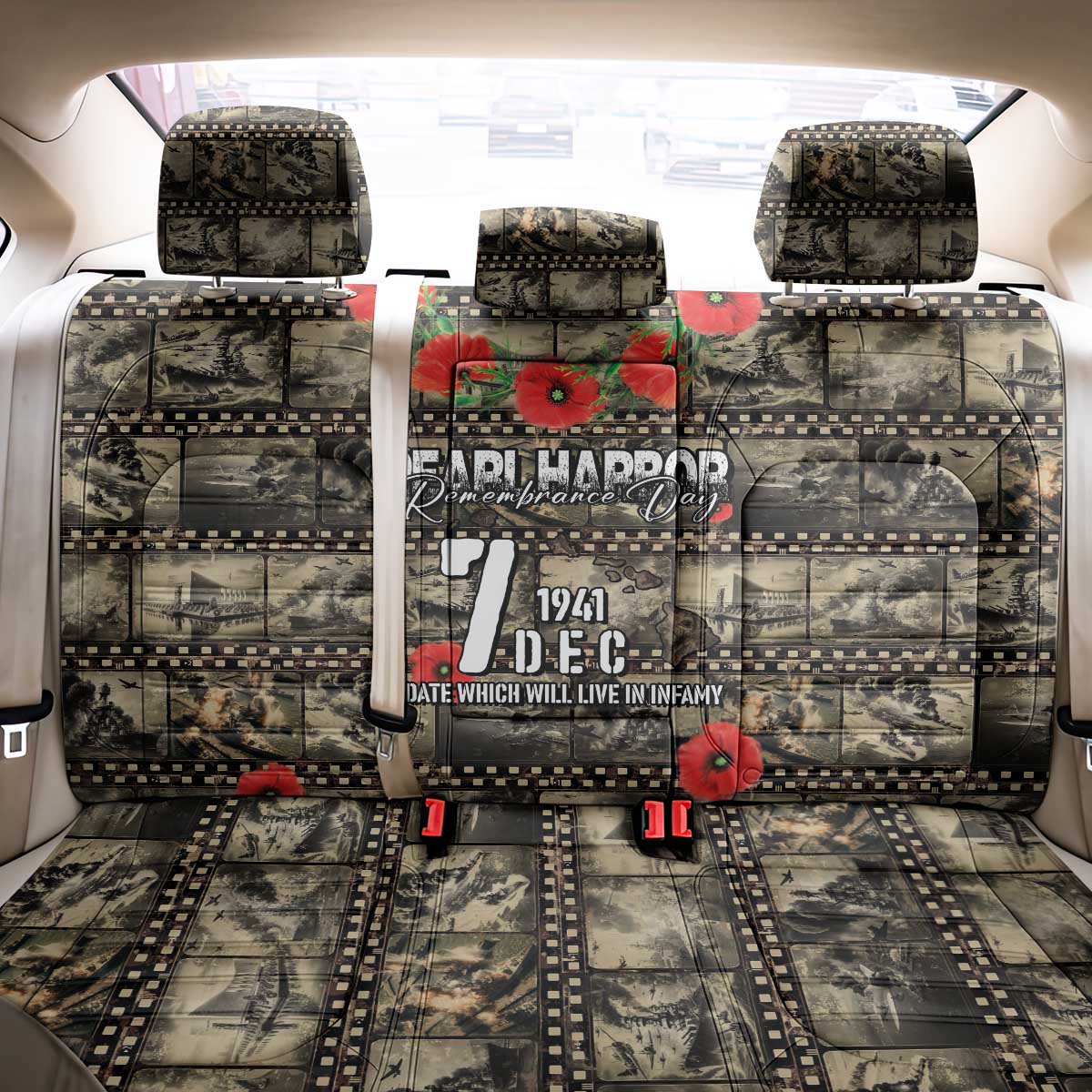Pearl Harbor Remembrance Day Back Car Seat Cover Memories of December 7 with Red Poppy Lei LT03 - Polynesian Pride