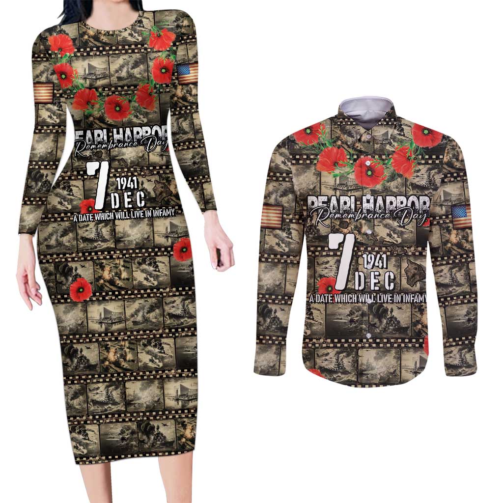 Pearl Harbor Remembrance Day Personalized Couples Matching Long Sleeve Bodycon Dress and Long Sleeve Button Shirt Memories of December 7 with Red Poppy Lei LT03 Beige - Polynesian Pride