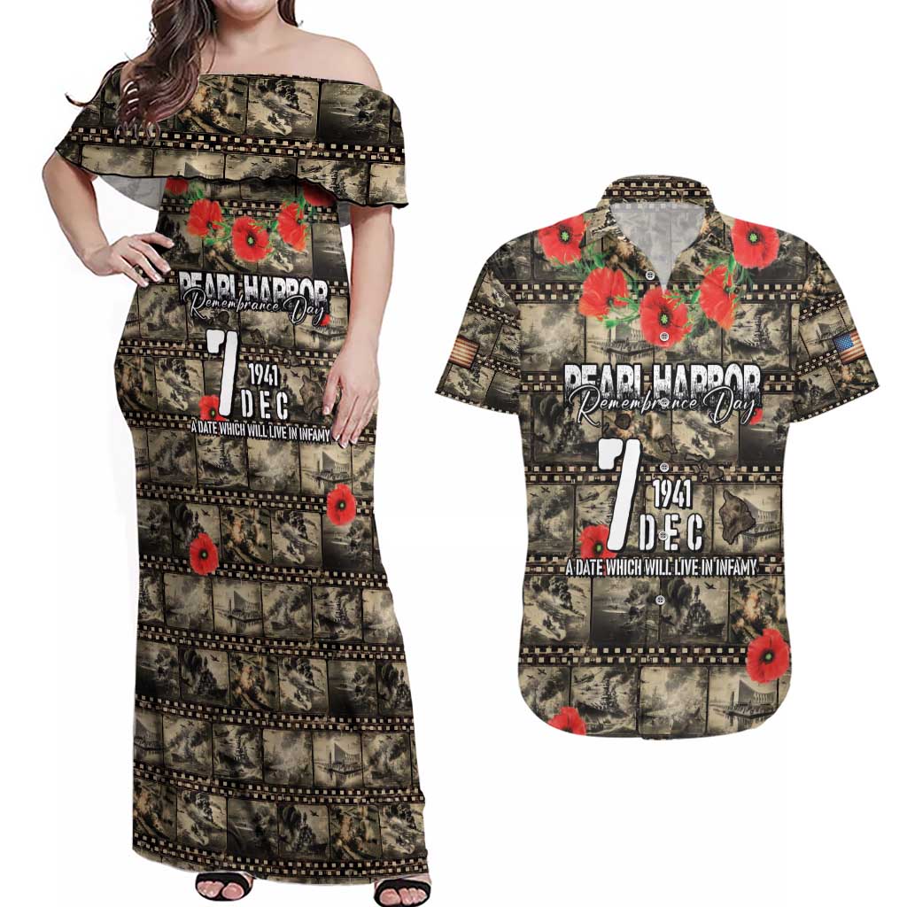 Pearl Harbor Remembrance Day Personalized Couples Matching Off Shoulder Maxi Dress and Hawaiian Shirt Memories of December 7 with Red Poppy Lei LT03 Beige - Polynesian Pride