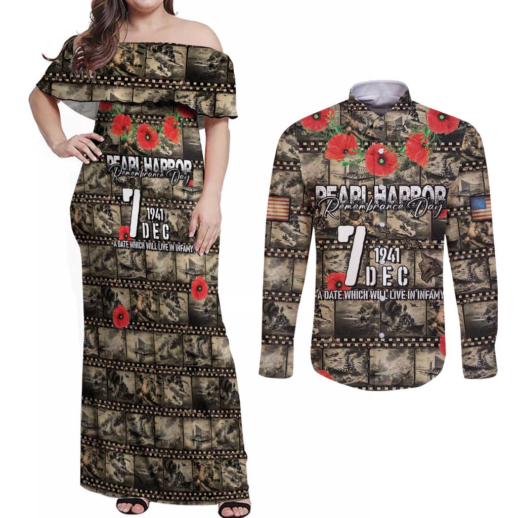 Pearl Harbor Remembrance Day Personalized Couples Matching Off Shoulder Maxi Dress and Long Sleeve Button Shirt Memories of December 7 with Red Poppy Lei LT03 Beige - Polynesian Pride