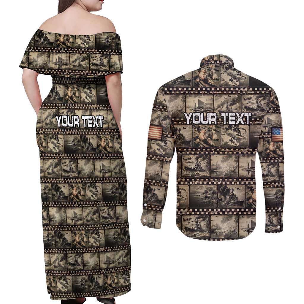 Pearl Harbor Remembrance Day Personalized Couples Matching Off Shoulder Maxi Dress and Long Sleeve Button Shirt Memories of December 7 with Red Poppy Lei LT03 - Polynesian Pride