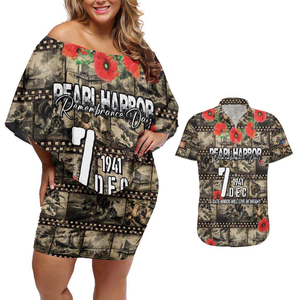 Pearl Harbor Remembrance Day Personalized Couples Matching Off Shoulder Short Dress and Hawaiian Shirt Memories of December 7 with Red Poppy Lei LT03 Beige - Polynesian Pride