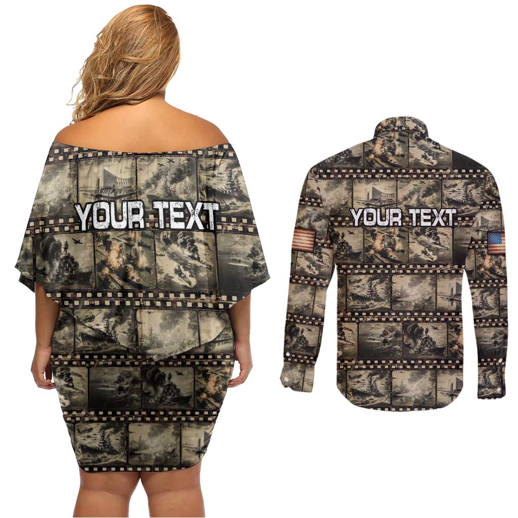 Pearl Harbor Remembrance Day Personalized Couples Matching Off Shoulder Short Dress and Long Sleeve Button Shirt Memories of December 7 with Red Poppy Lei LT03 - Polynesian Pride