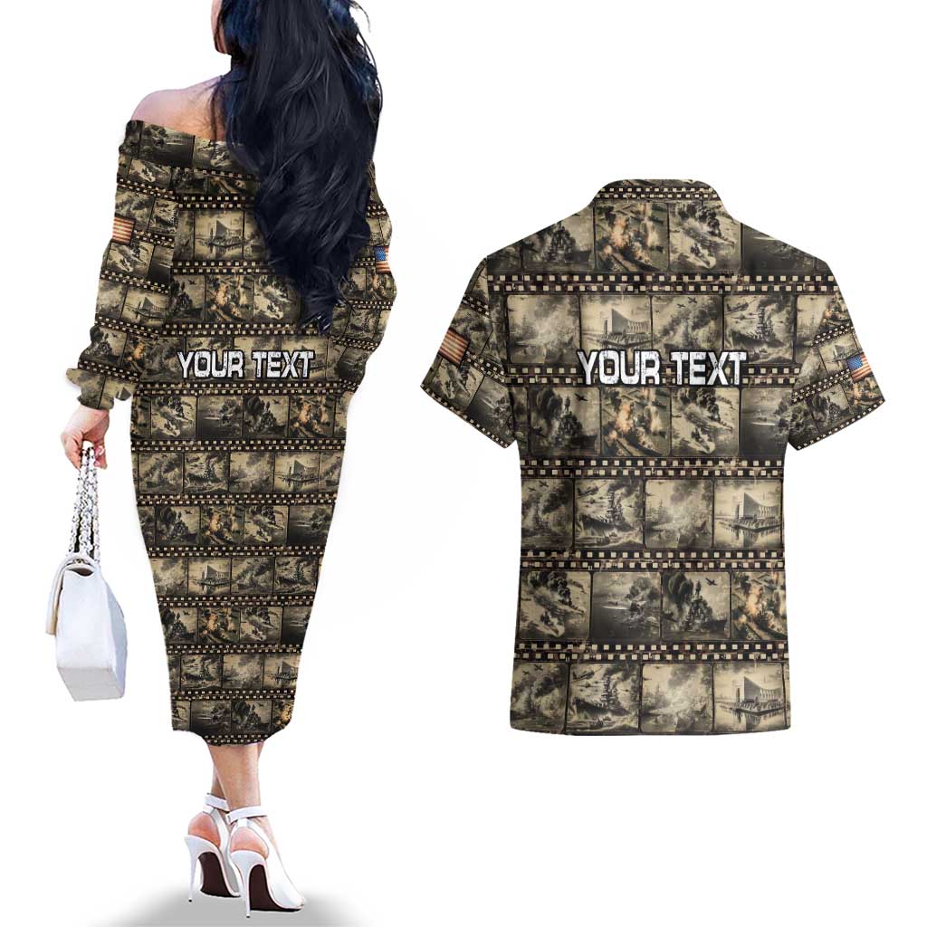 Pearl Harbor Remembrance Day Personalized Couples Matching Off The Shoulder Long Sleeve Dress and Hawaiian Shirt Memories of December 7 with Red Poppy Lei LT03 - Polynesian Pride