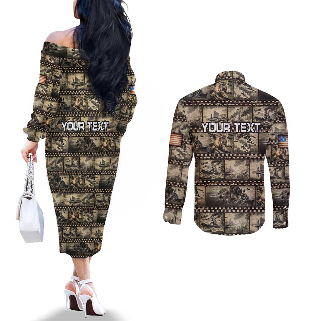 Pearl Harbor Remembrance Day Personalized Couples Matching Off The Shoulder Long Sleeve Dress and Long Sleeve Button Shirt Memories of December 7 with Red Poppy Lei LT03 - Polynesian Pride