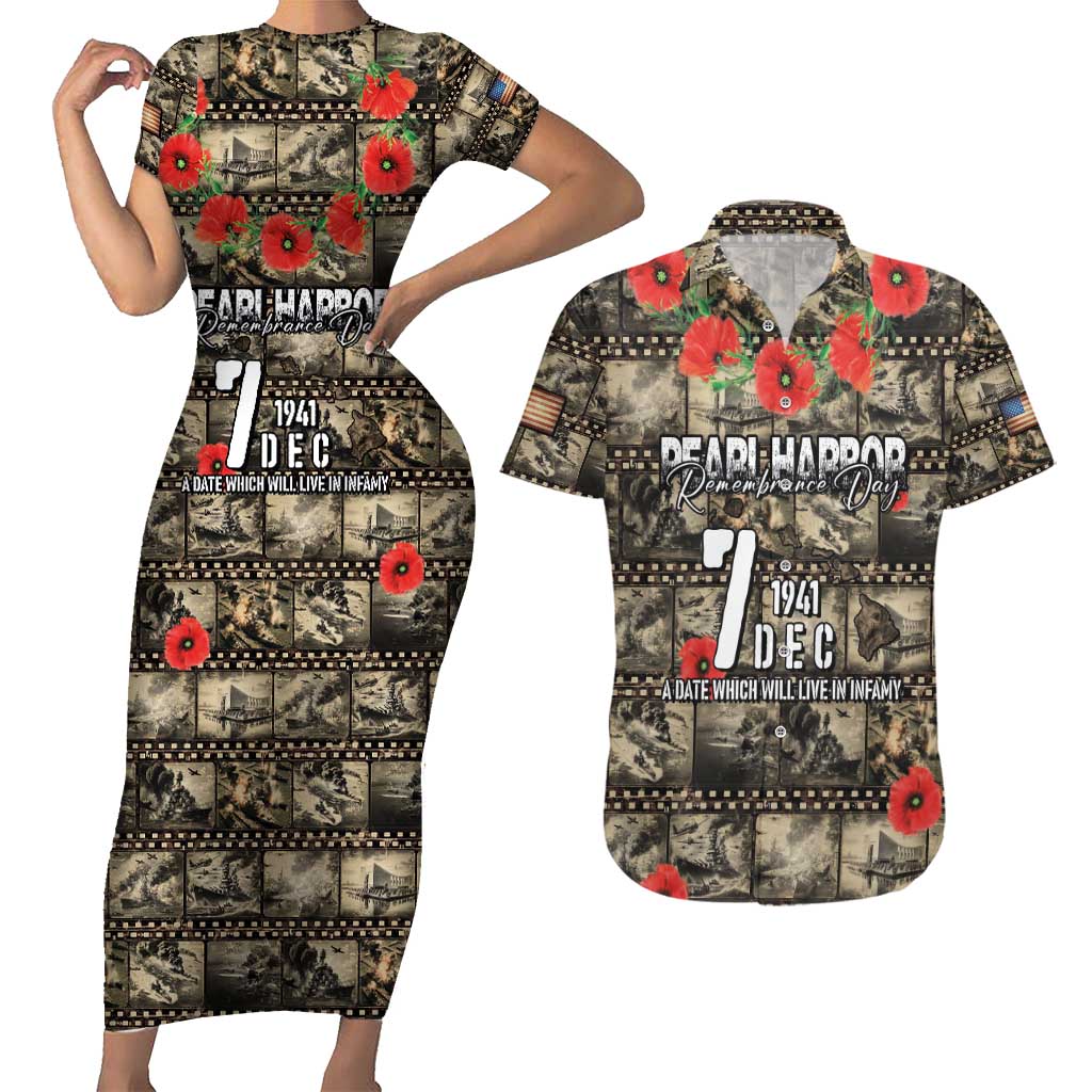 Pearl Harbor Remembrance Day Personalized Couples Matching Short Sleeve Bodycon Dress and Hawaiian Shirt Memories of December 7 with Red Poppy Lei LT03 Beige - Polynesian Pride