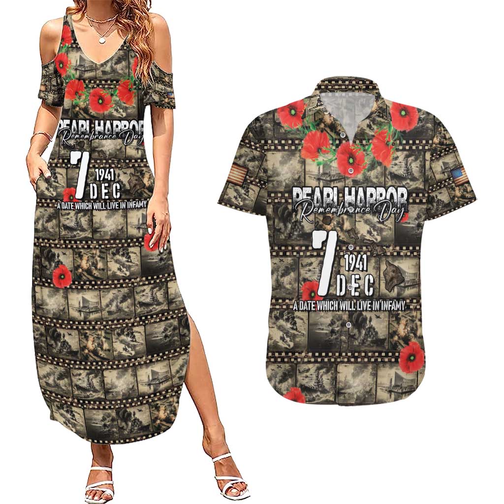 Pearl Harbor Remembrance Day Personalized Couples Matching Summer Maxi Dress and Hawaiian Shirt Memories of December 7 with Red Poppy Lei LT03 Beige - Polynesian Pride