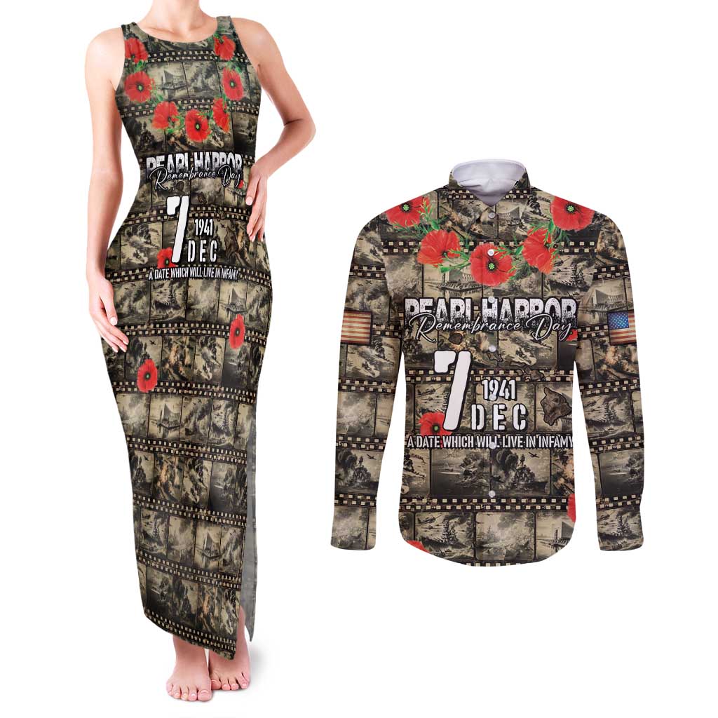 Pearl Harbor Remembrance Day Personalized Couples Matching Tank Maxi Dress and Long Sleeve Button Shirt Memories of December 7 with Red Poppy Lei LT03 Beige - Polynesian Pride