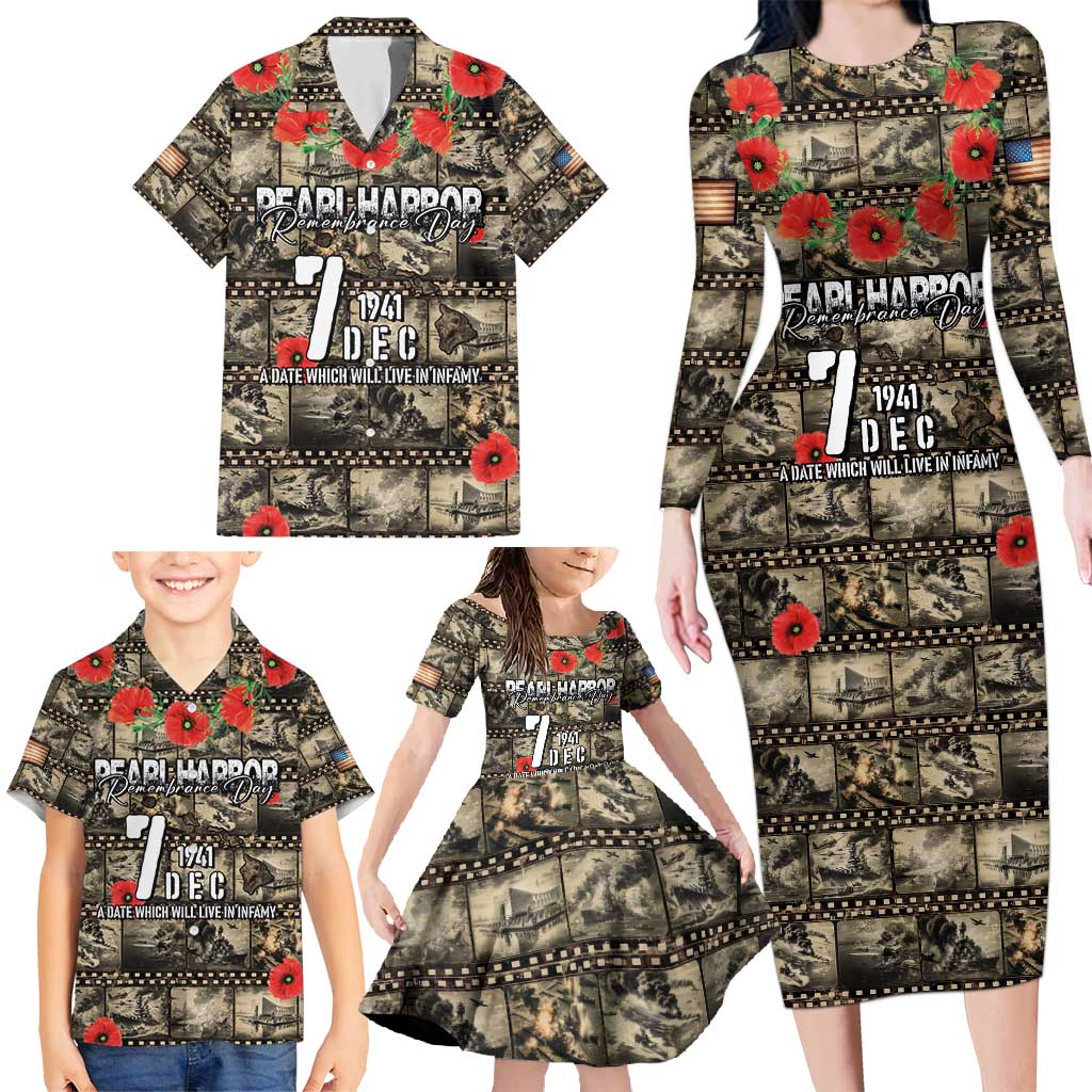 Pearl Harbor Remembrance Day Personalized Family Matching Long Sleeve Bodycon Dress and Hawaiian Shirt Memories of December 7 with Red Poppy Lei LT03 - Polynesian Pride