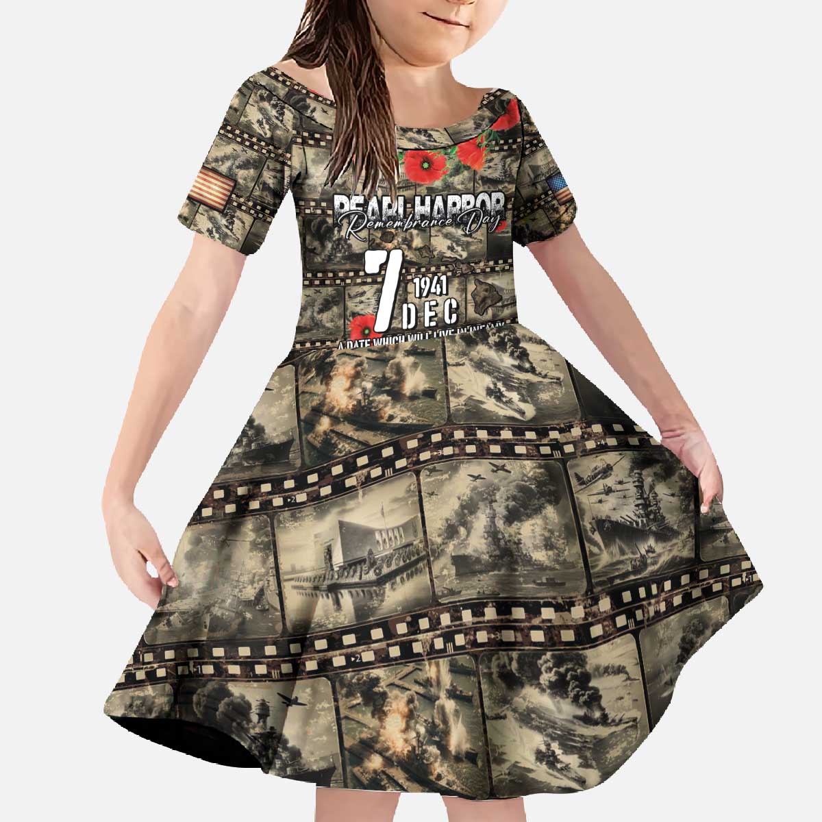 Pearl Harbor Remembrance Day Personalized Family Matching Off The Shoulder Long Sleeve Dress and Hawaiian Shirt Memories of December 7 with Red Poppy Lei LT03 Daughter's Dress Beige - Polynesian Pride