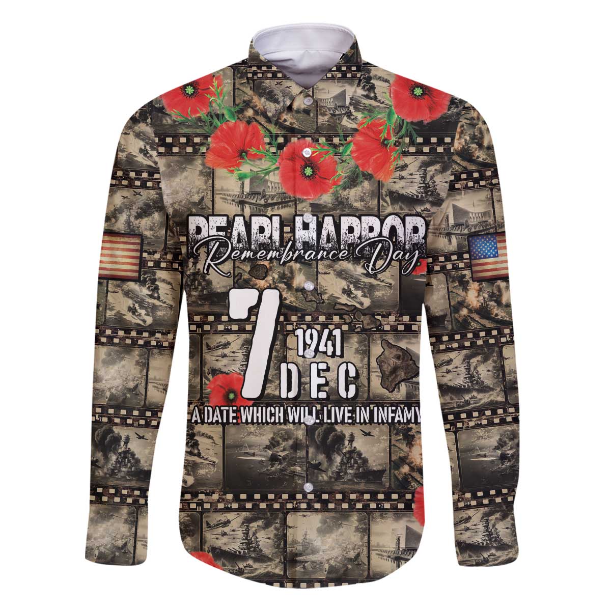 Pearl Harbor Remembrance Day Personalized Family Matching Off The Shoulder Long Sleeve Dress and Hawaiian Shirt Memories of December 7 with Red Poppy Lei LT03 Dad's Shirt - Long Sleeve Beige - Polynesian Pride