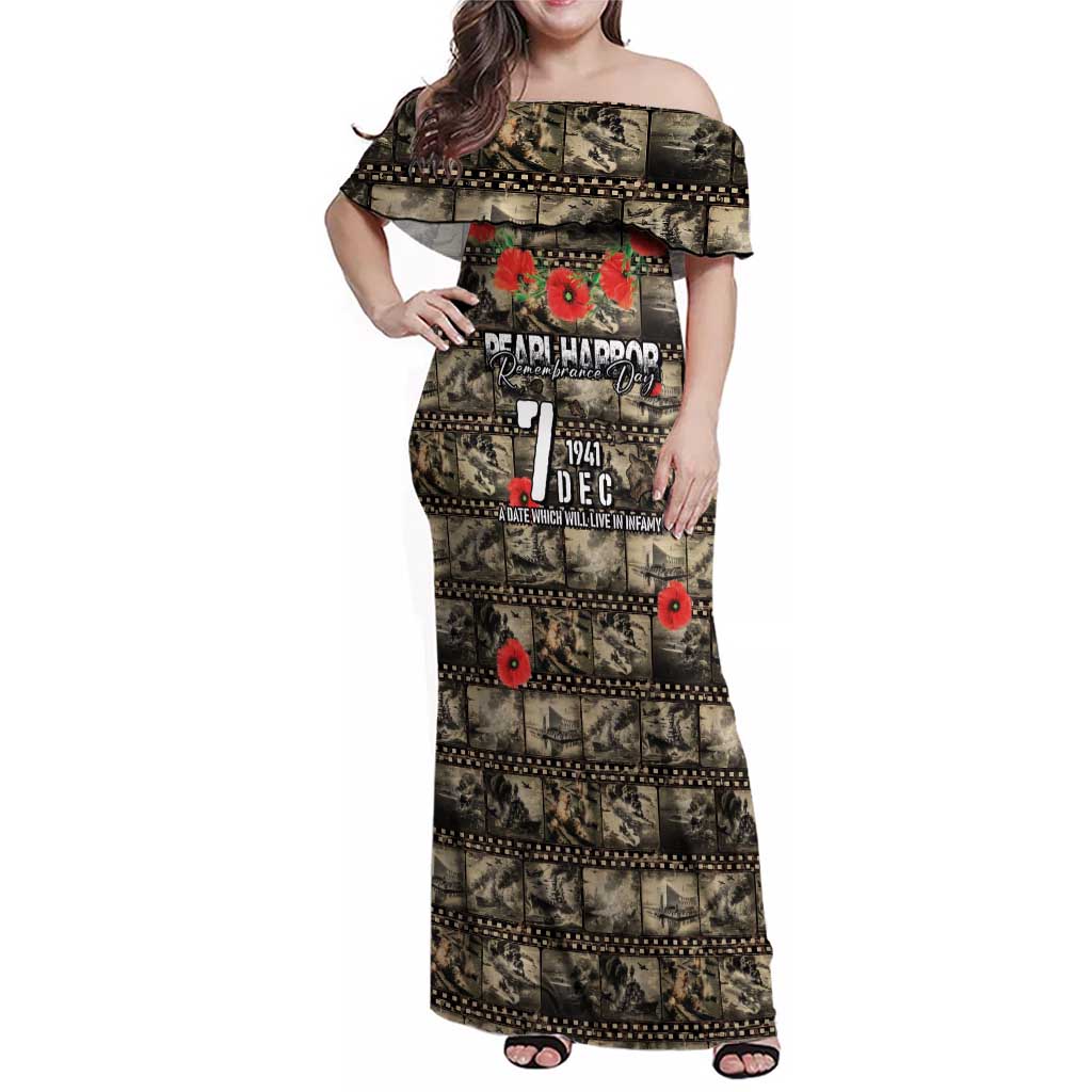 Pearl Harbor Remembrance Day Personalized Family Matching Off Shoulder Maxi Dress and Hawaiian Shirt Memories of December 7 with Red Poppy Lei LT03 Mom's Dress Beige - Polynesian Pride