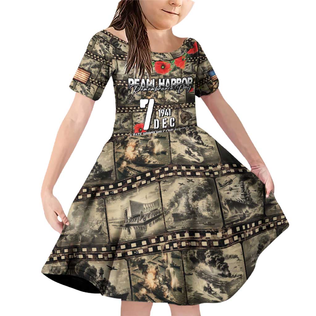 Pearl Harbor Remembrance Day Personalized Family Matching Off Shoulder Short Dress and Hawaiian Shirt Memories of December 7 with Red Poppy Lei LT03 Daughter's Dress Beige - Polynesian Pride