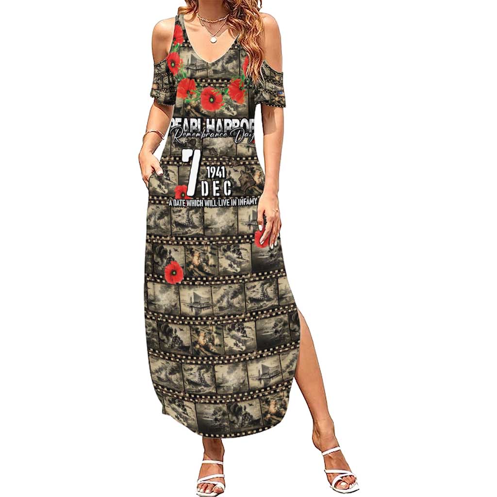 Pearl Harbor Remembrance Day Personalized Family Matching Summer Maxi Dress and Hawaiian Shirt Memories of December 7 with Red Poppy Lei LT03 Mom's Dress Beige - Polynesian Pride