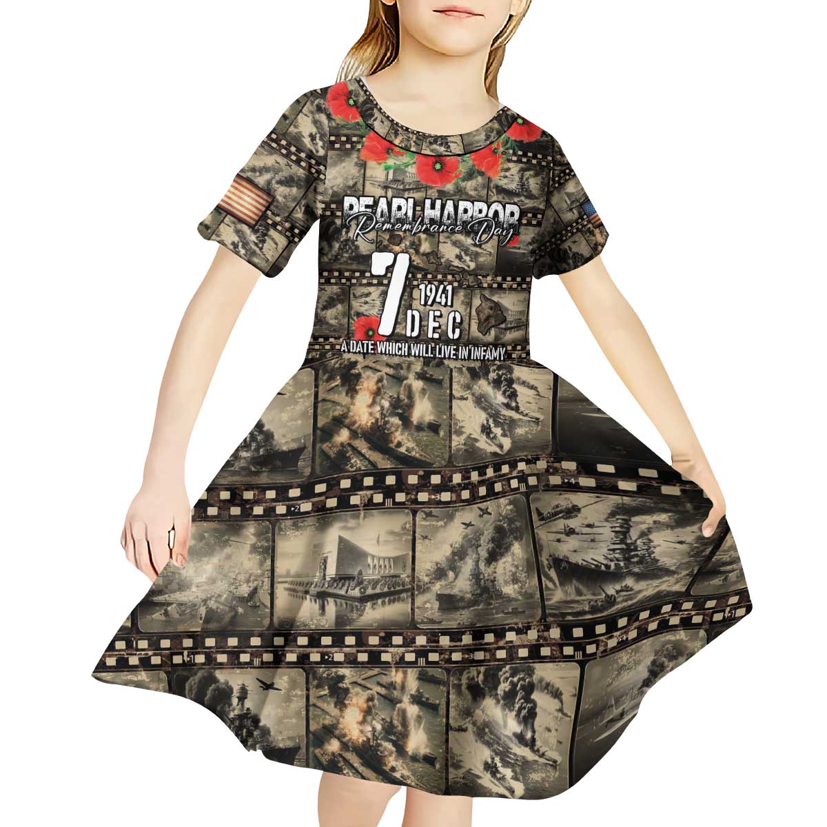 Pearl Harbor Remembrance Day Personalized Kid Short Sleeve Dress Memories of December 7 with Red Poppy Lei LT03 - Polynesian Pride