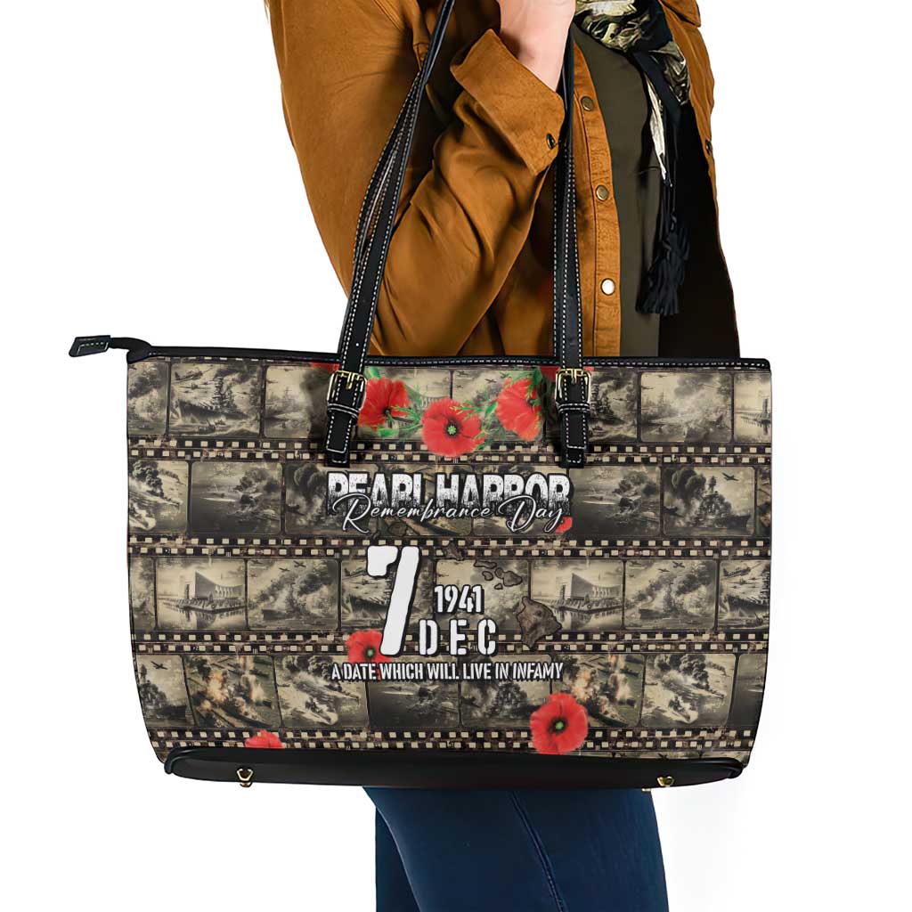 Pearl Harbor Remembrance Day Leather Tote Bag Memories of December 7 with Red Poppy Lei LT03 - Polynesian Pride