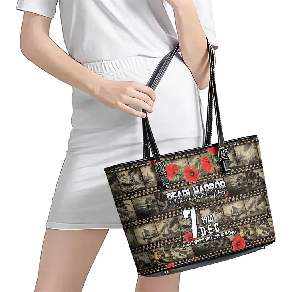 Pearl Harbor Remembrance Day Leather Tote Bag Memories of December 7 with Red Poppy Lei LT03 - Polynesian Pride