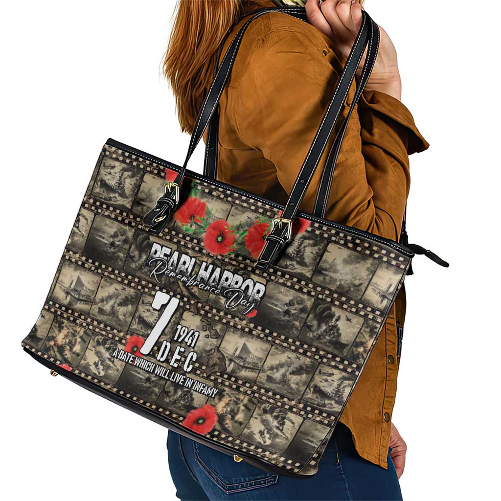 Pearl Harbor Remembrance Day Leather Tote Bag Memories of December 7 with Red Poppy Lei LT03 - Polynesian Pride
