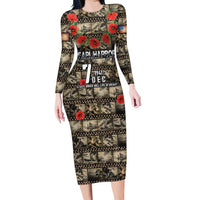 Pearl Harbor Remembrance Day Personalized Long Sleeve Bodycon Dress Memories of December 7 with Red Poppy Lei LT03 Long Dress Beige - Polynesian Pride