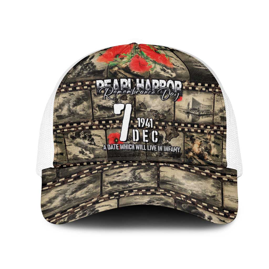 Pearl Harbor Remembrance Day Personalized Mesh Trucker Cap Memories of December 7 with Red Poppy Lei - Polynesian Pride