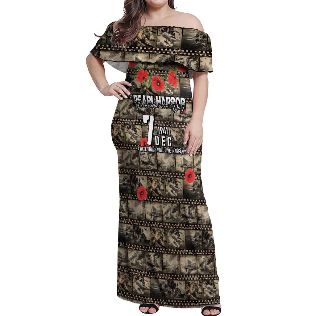 Pearl Harbor Remembrance Day Personalized Off Shoulder Maxi Dress Memories of December 7 with Red Poppy Lei LT03 Women Beige - Polynesian Pride