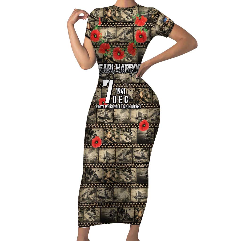 Pearl Harbor Remembrance Day Personalized Short Sleeve Bodycon Dress Memories of December 7 with Red Poppy Lei LT03 Long Dress Beige - Polynesian Pride
