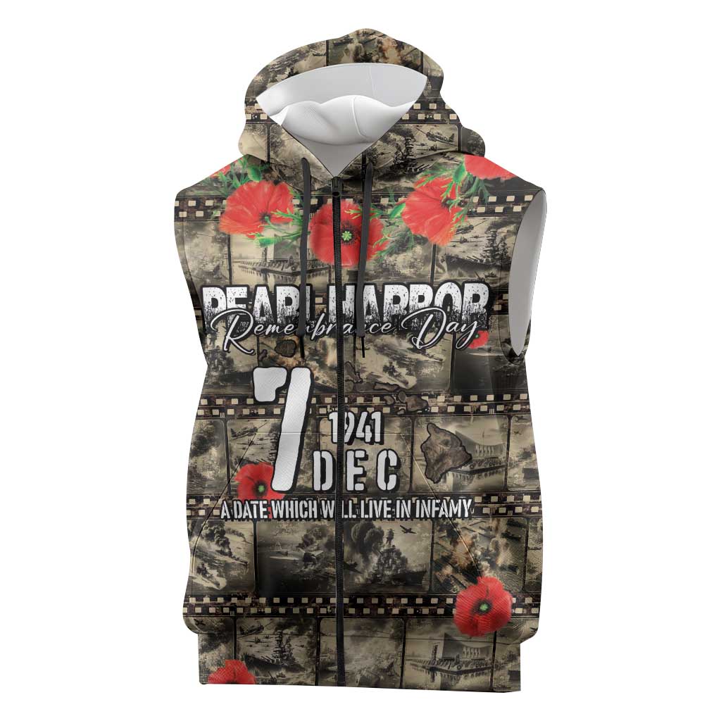 Pearl Harbor Remembrance Day Personalized Sleeveless Zip Hoodie Memories of December 7 with Red Poppy Lei LT03 Beige - Polynesian Pride