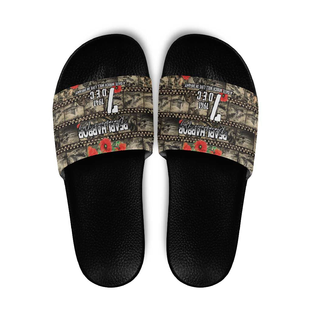 Pearl Harbor Remembrance Day Slide Sandals Memories of December 7 with Red Poppy Lei - Polynesian Pride