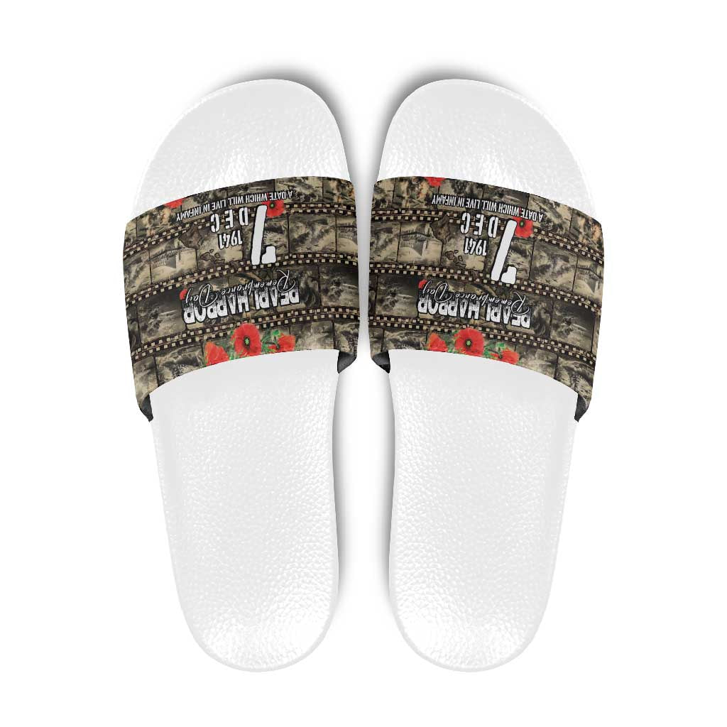 Pearl Harbor Remembrance Day Slide Sandals Memories of December 7 with Red Poppy Lei - Polynesian Pride
