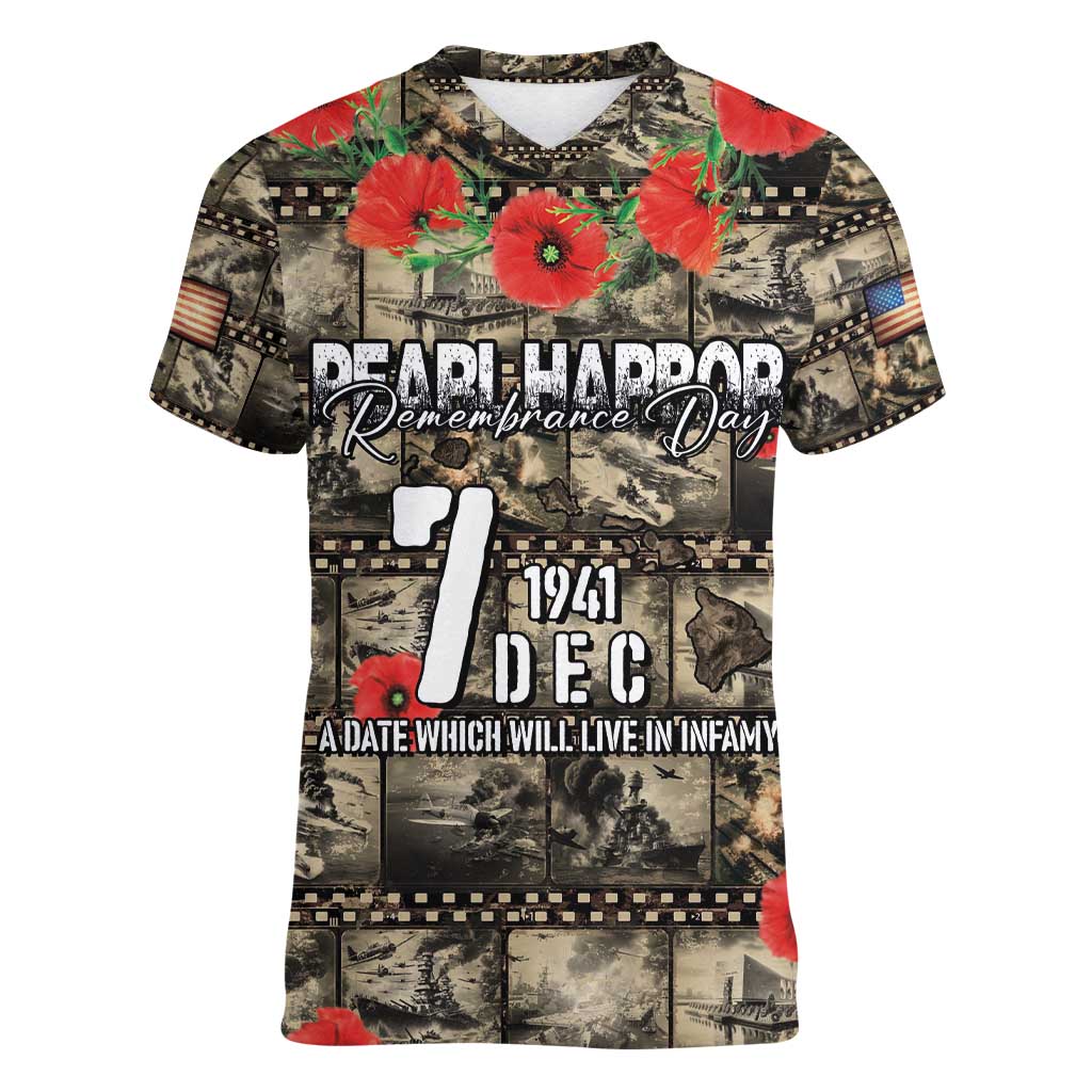 Pearl Harbor Remembrance Day Personalized Women V-Neck T-Shirt Memories of December 7 with Red Poppy Lei LT03 Female Beige - Polynesian Pride