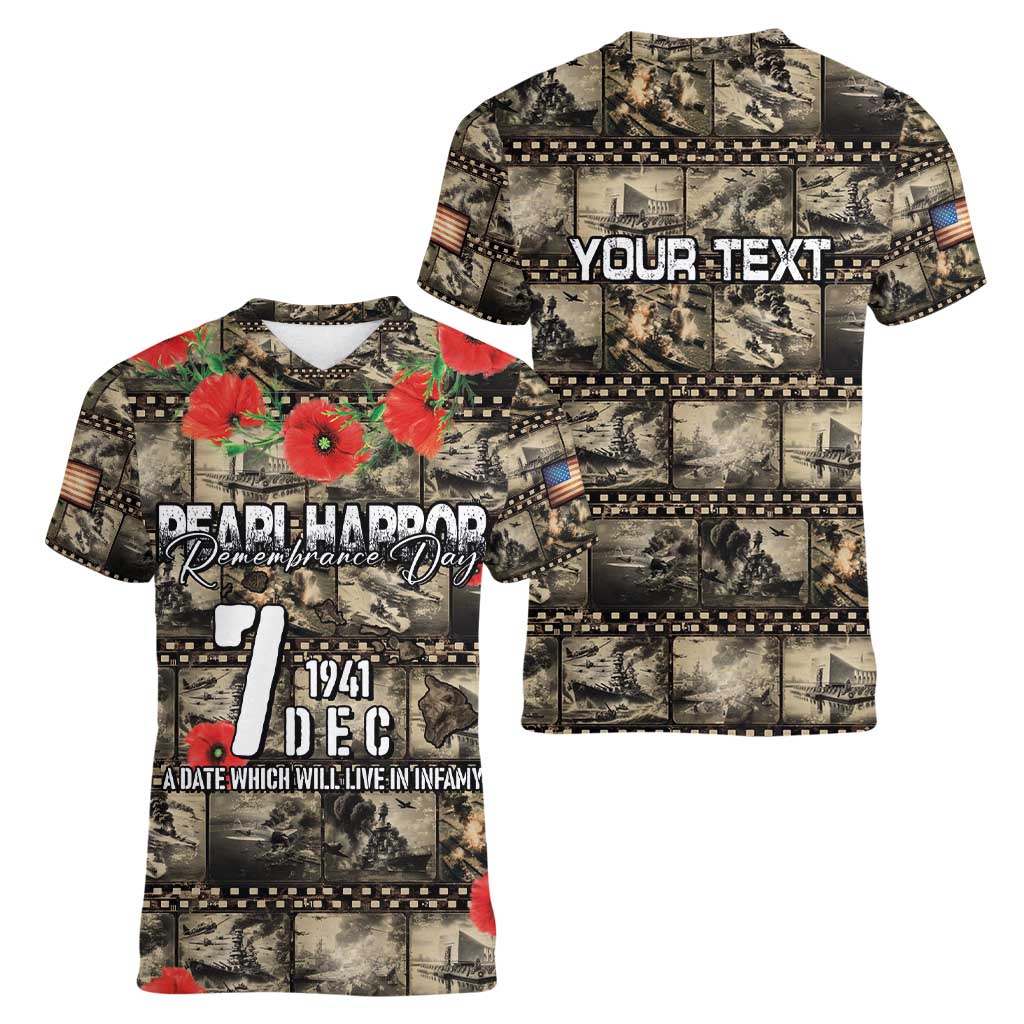 Pearl Harbor Remembrance Day Personalized Women V-Neck T-Shirt Memories of December 7 with Red Poppy Lei LT03 - Polynesian Pride