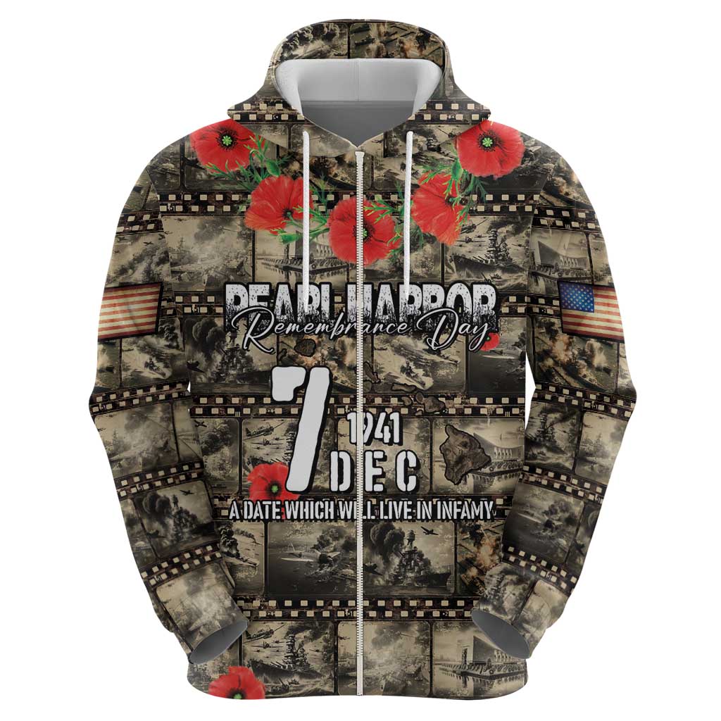 Pearl Harbor Remembrance Day Personalized Zip Hoodie Memories of December 7 with Red Poppy Lei LT03 - Polynesian Pride