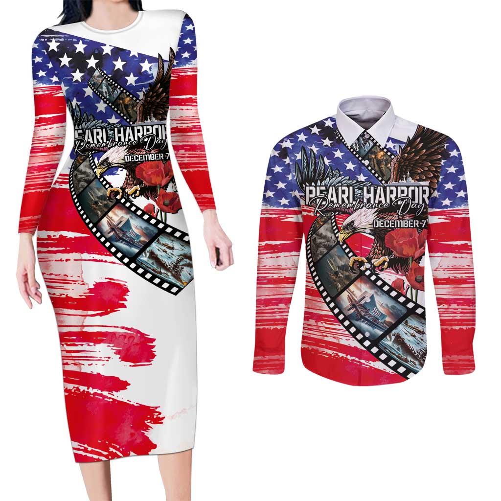 Pearl Harbor Remembrance Day Personalized Couples Matching Long Sleeve Bodycon Dress and Long Sleeve Button Shirt Lest We Forget - The Bald Eagle Remembers LT03 White - Polynesian Pride