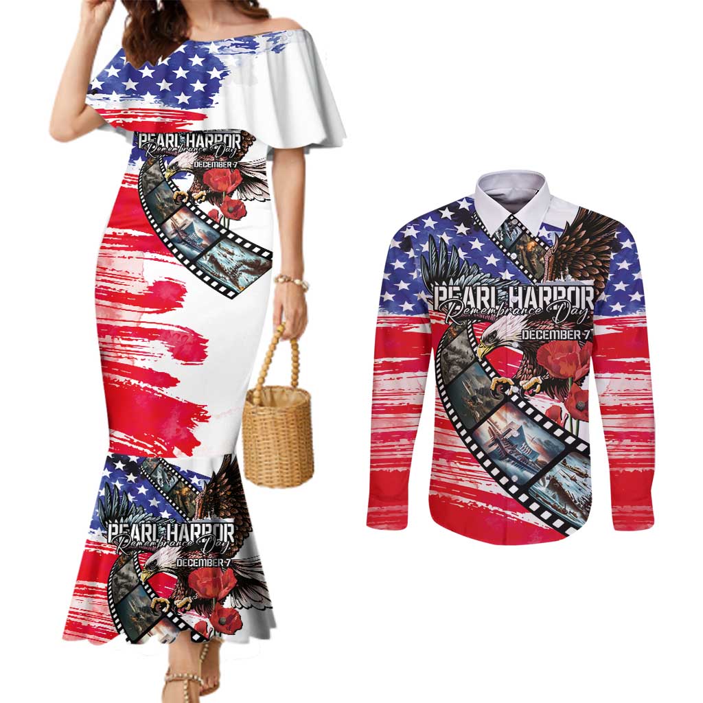 Pearl Harbor Remembrance Day Personalized Couples Matching Mermaid Dress and Long Sleeve Button Shirt Lest We Forget - The Bald Eagle Remembers LT03 White - Polynesian Pride
